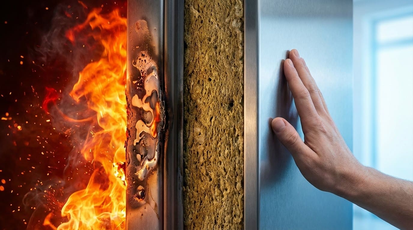 Розріз протипожежних дверей, що показує шар базальтової вати, який захищає зовнішню сторону від перегріву під час пожежі