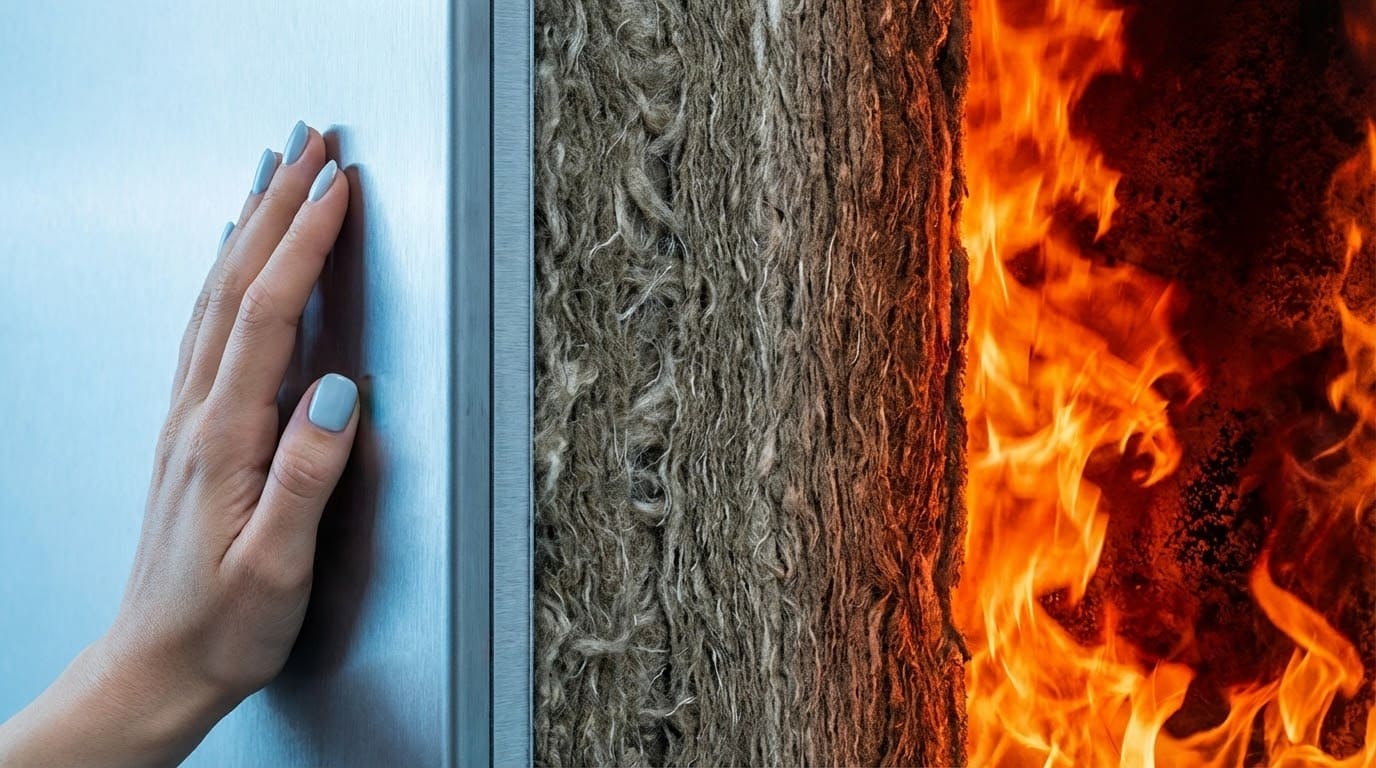 Разрез дверного полотна: рука касается холодной металлической поверхности, защищенной слоем минваты от бушующего пламени
