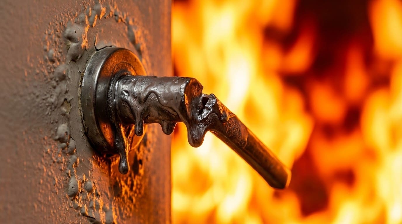 Детальний вигляд дверної ручки, що плавиться від високої температури на фоні яскравого полум'я пожежі