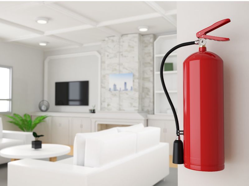 На фоні сучасної модернової квартири виповненої в світлих тонах ми бачимо зафіксований вертикально вогнегасник червоного кольору на стіні