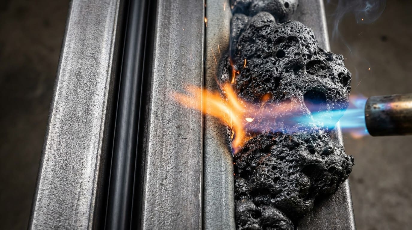 Процесс испытания терморасширяющейся ленты на металлическом профиле противопожарной двери: под действием огня лента превращается в плотный пенококс для герметизации