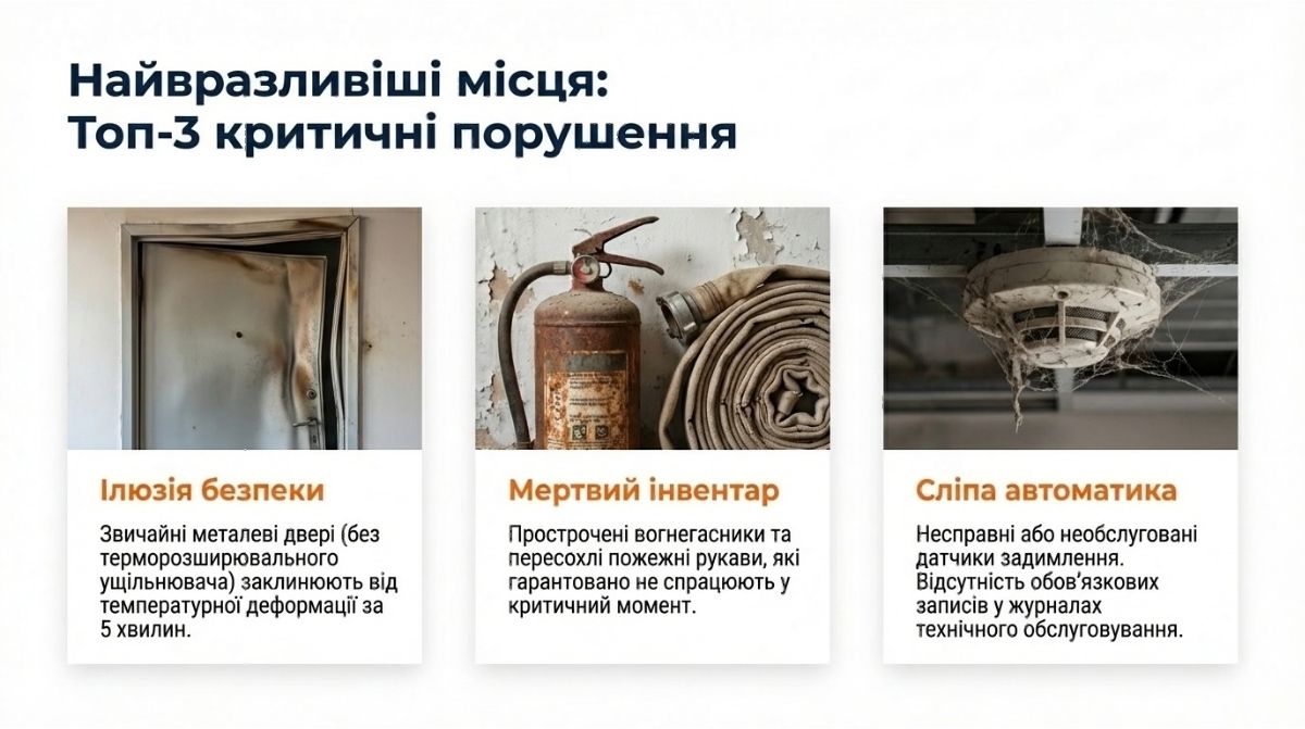 Фото та опис трьох критичних порушень: металеві двері, що деформувалися від вогню, прострочений вогнегасник поруч із пошкодженим рукавом, та несправний датчик задимлення у павутинні. Опис наслідків відсутності технічного обслуговування.