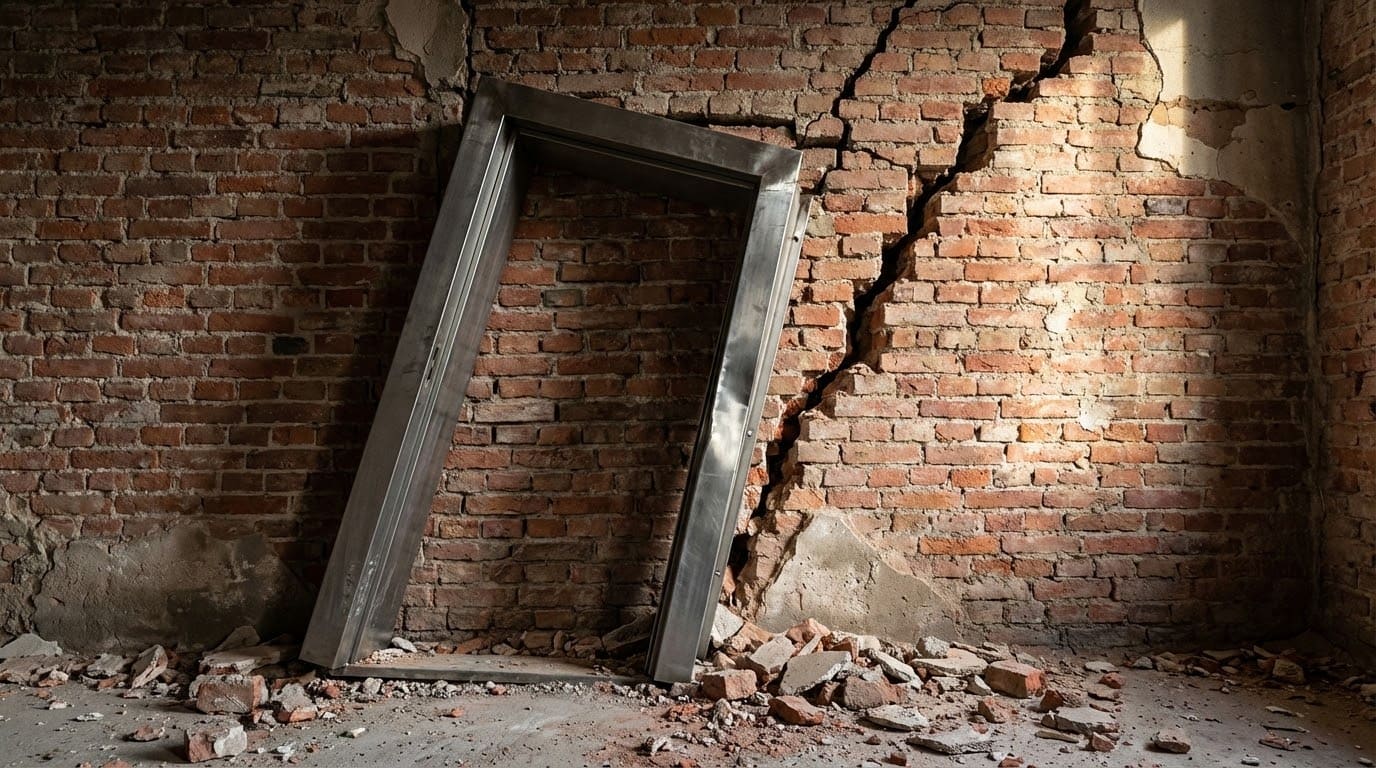 Наскрізна тріщина в стіні історичної будівлі при спробі монтажу дверної коробки без підсилення