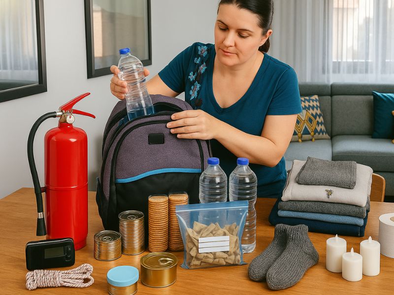 В світлій просторій сучасній кімнаті жінка років 35 збирає рюкзак із необхідним. Шкарпетки, одяг, консерви, вогнегасник, свічки та таке інше.