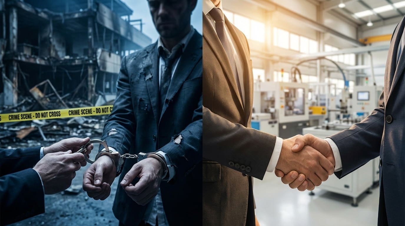 Колаж: зліва чоловік у кайданках на фоні згорілої будівлі (кримінальна відповідальність), справа — ділове рукостискання на сучасному безпечному виробництві