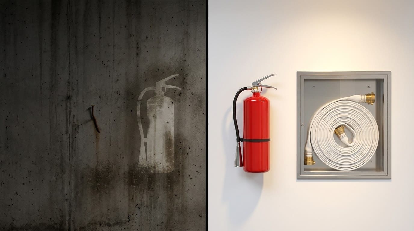 Сравнение отсутствия реального огнетушителя и правильно укомплектованного пожарного поста в здании