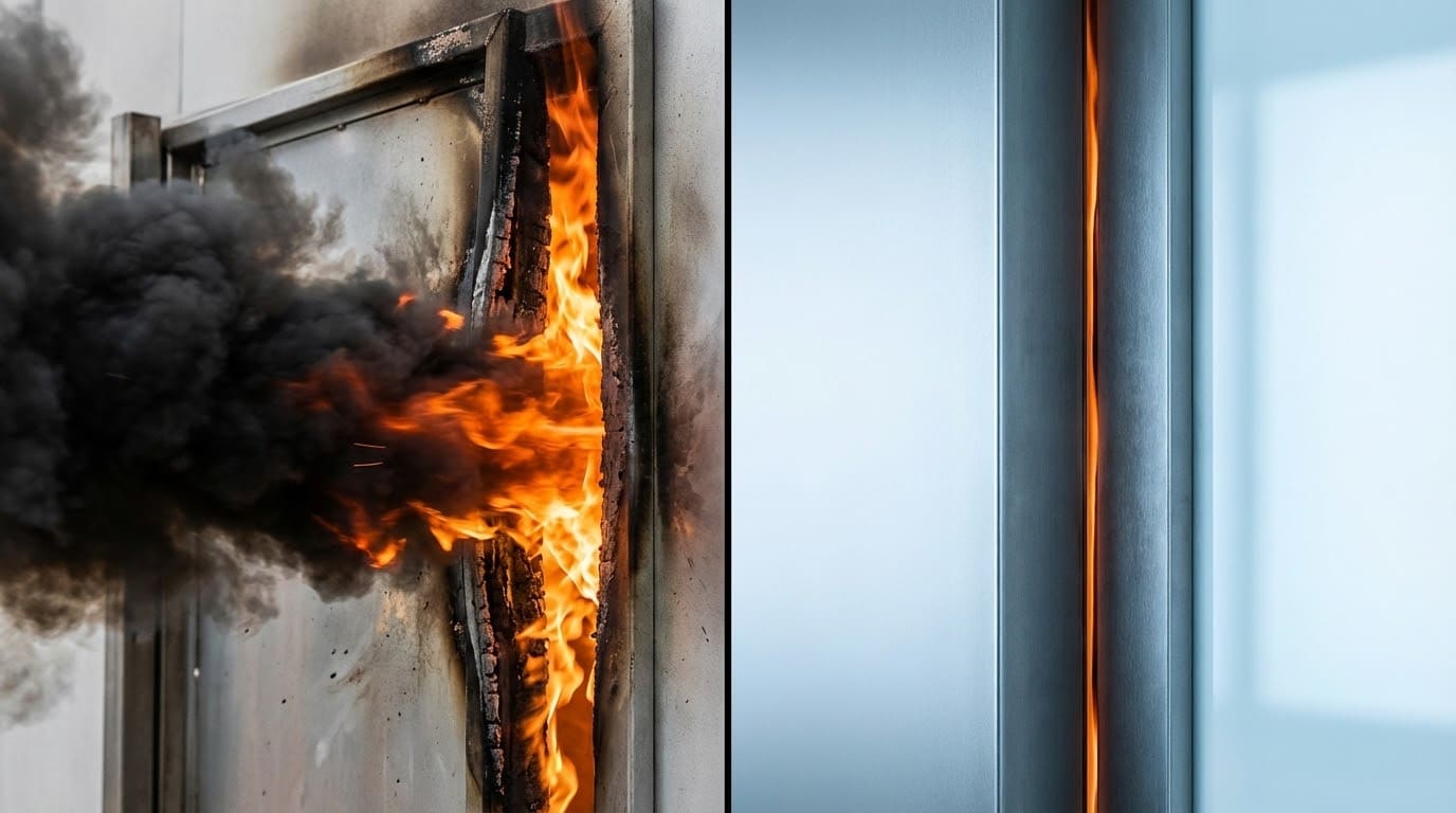 Техническое испытание огнестойкости дверного полотна: прорыв пламени через дерево против защиты металла