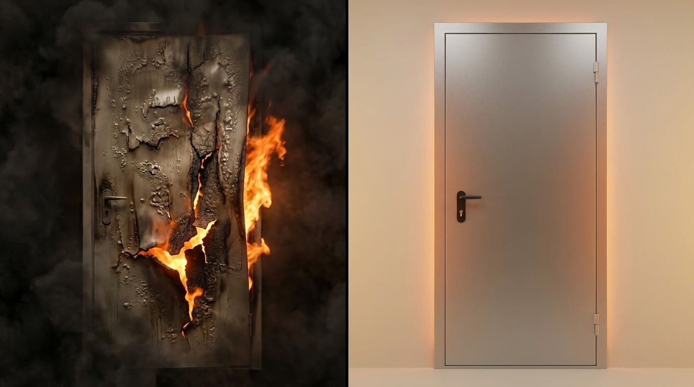 Коллаж: слева металлическая дверь, которая плавится и разрушается под действием огня и дыма; справа — целая противопожарная дверь в интерьере, символизирующая защиту