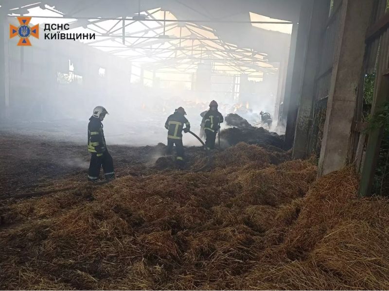 Рятувальник ДСНС ліквідовує загоряння соломи з пожежного рукава на складі агрофірми.