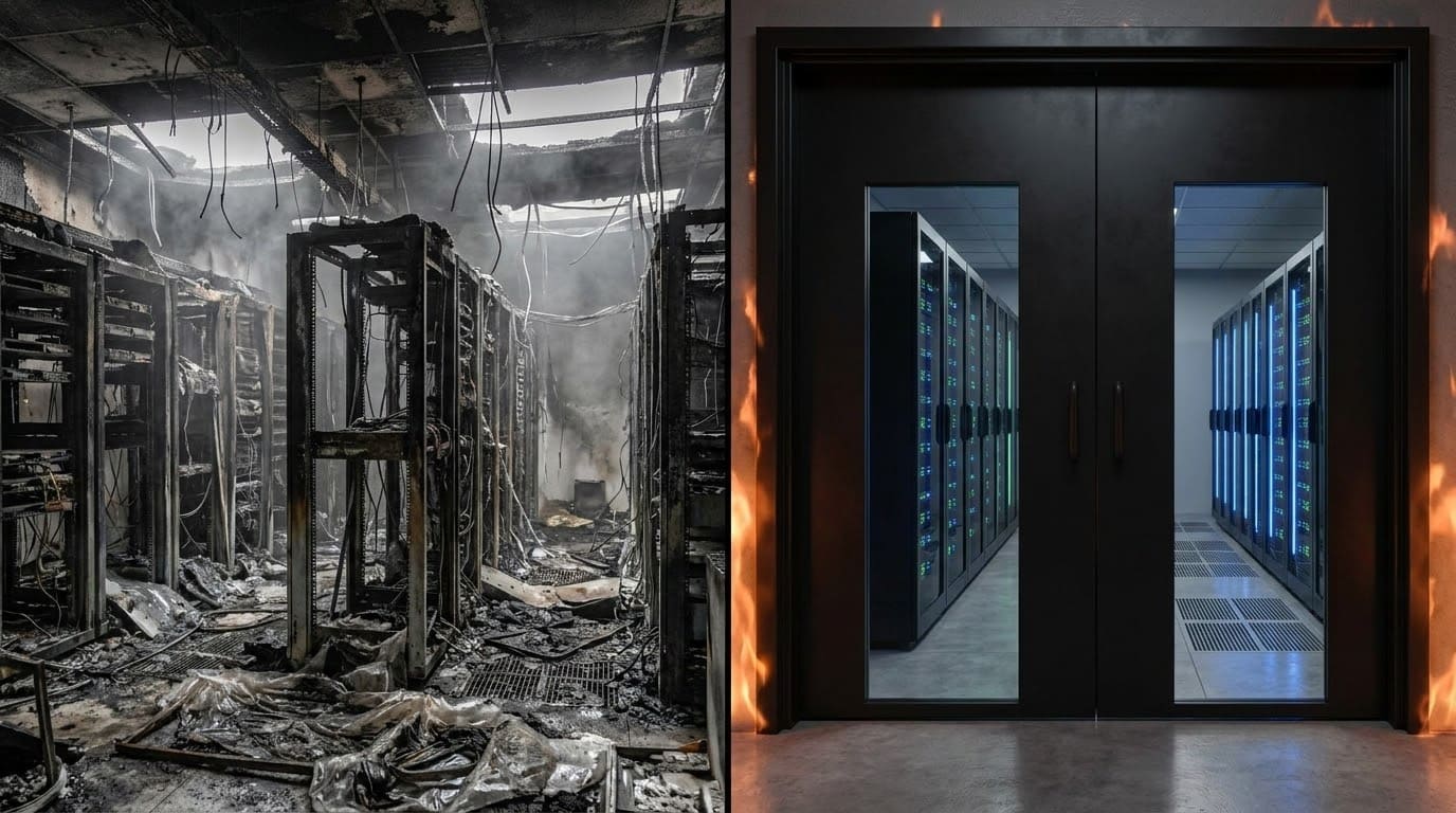 Наслідки пожежі в серверній без протипожежних дверей та збереження обладнання під захистом EI 90