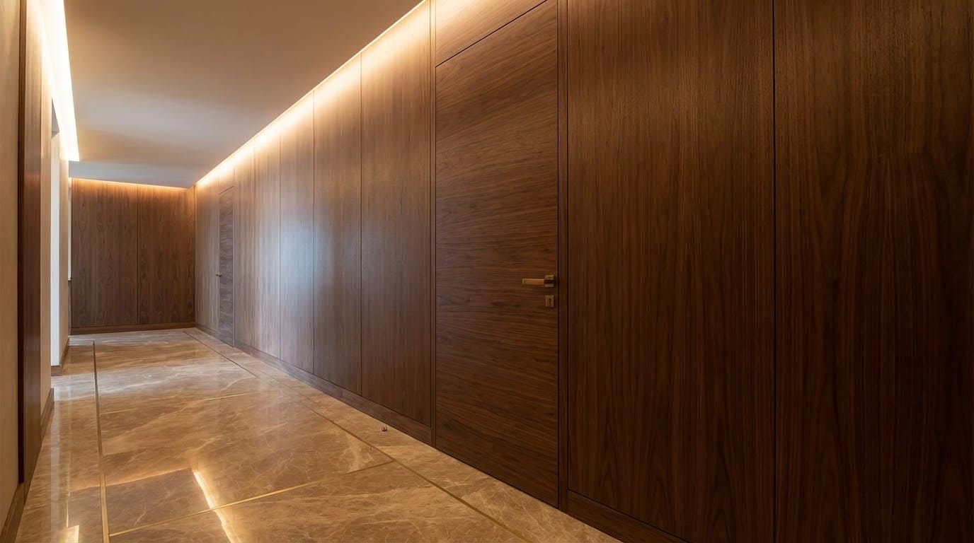 Протипожежні двері з МДФ-панелями та прихованим коробом в інтер'єрі елітного бізнес-центру