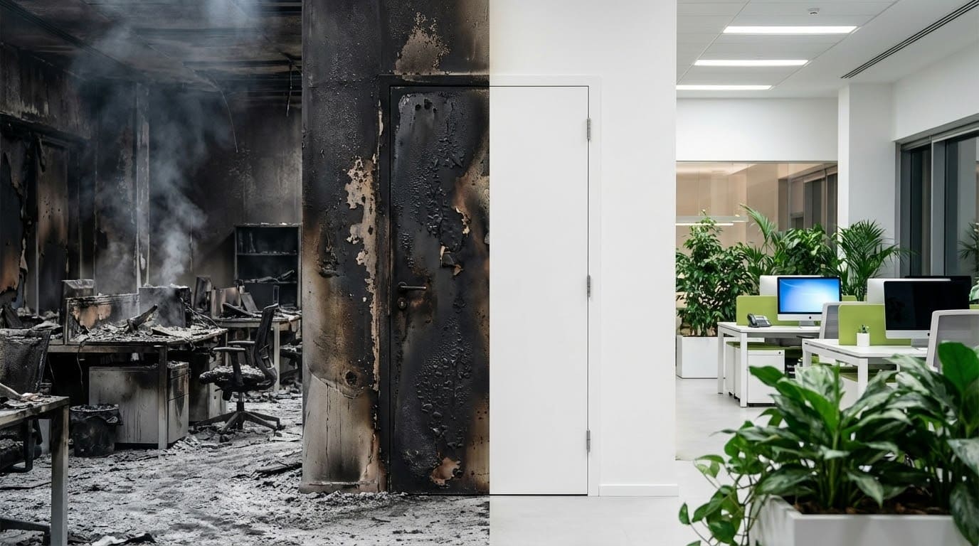 Протипожежні двері після випробувань вогнем: порівняння до та після пожежі