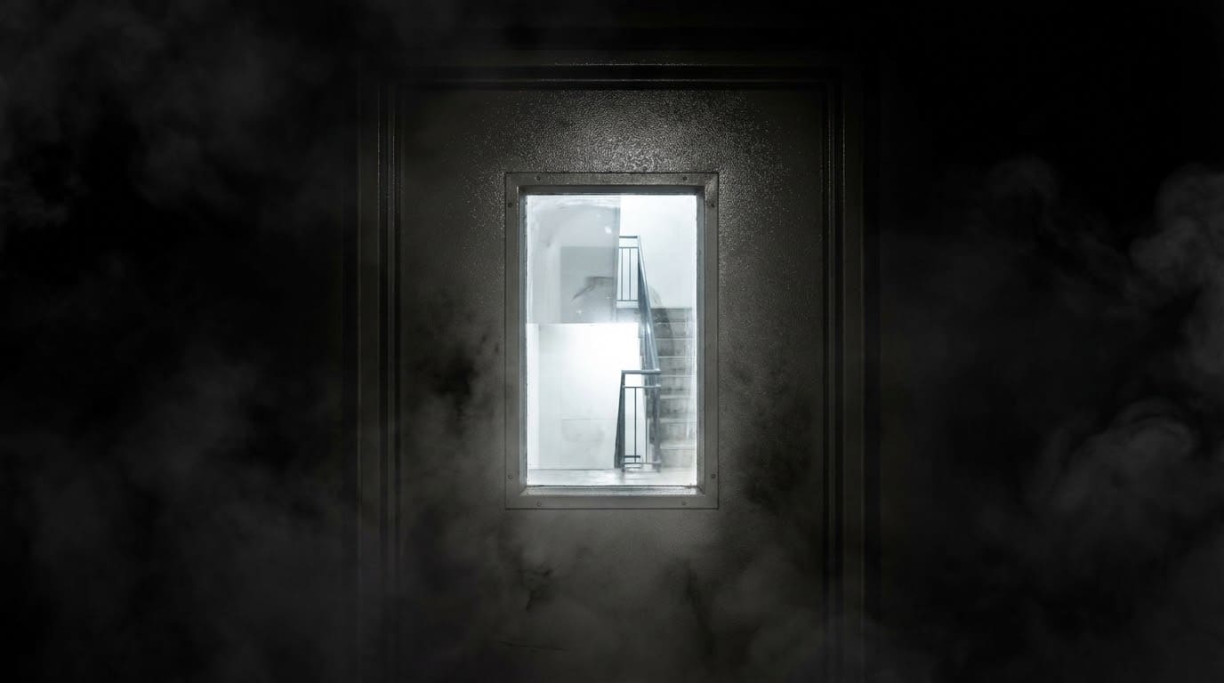 Вид через огнестойкое смотровое окно двери на безопасную лестничную клетку при пожаре