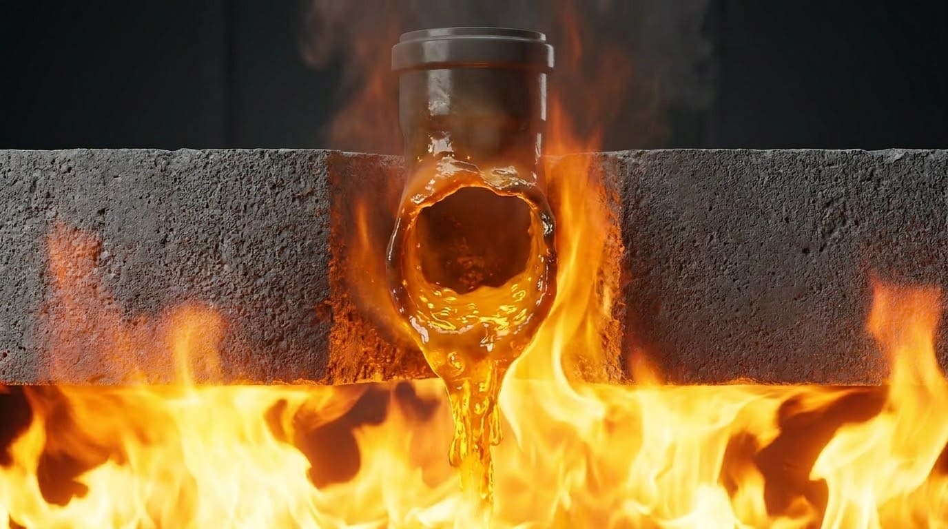 Вогневе випробування вузла проходу пластикової труби крізь бетонне перекриття без протипожежної муфти