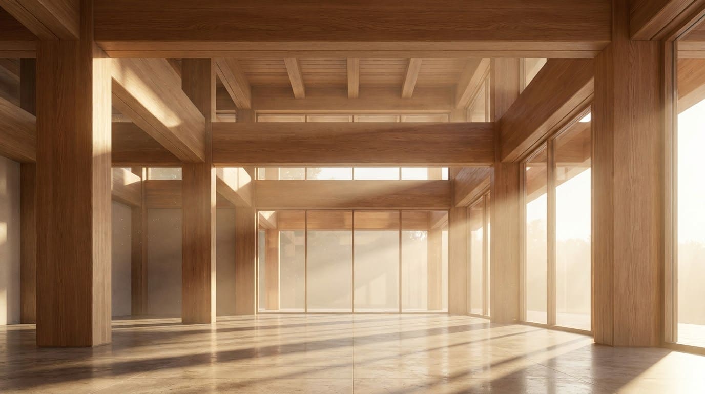 Масивні дерев'яні тримальні колони та балки в інтер'єрі сучасної будівлі, що потребують вогнезахисту класу R150