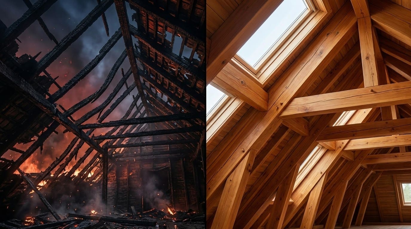 Порівняння дерев'яної покрівлі під час пожежі та безпечного сучасного горища з обробленими вогнезахистом конструкціями