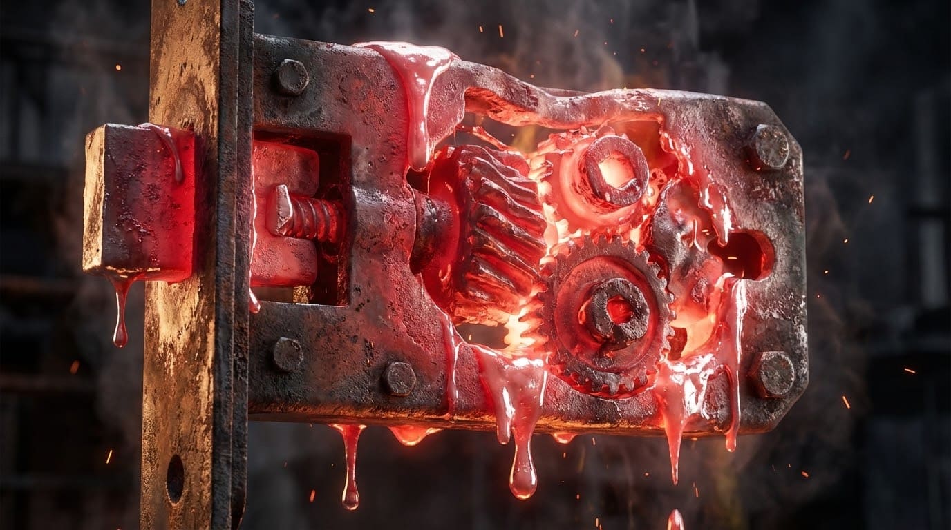 Внутренний механизм дверного замка, раскаленный докрасна и плавящийся под воздействием огня, демонстрируя важность огнестойкой фурнитуры