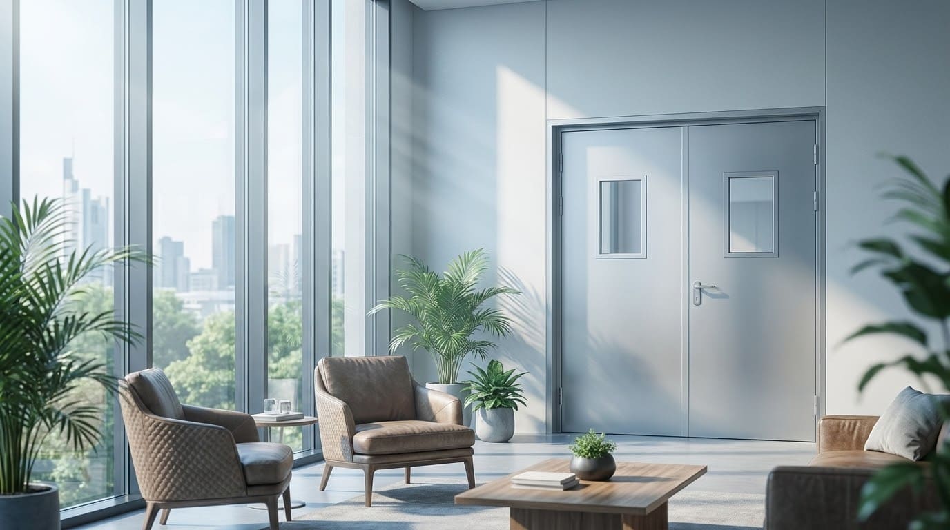 Встановлені двостулкові протипожежні двері зі склом у сучасному офісному інтер'єрі