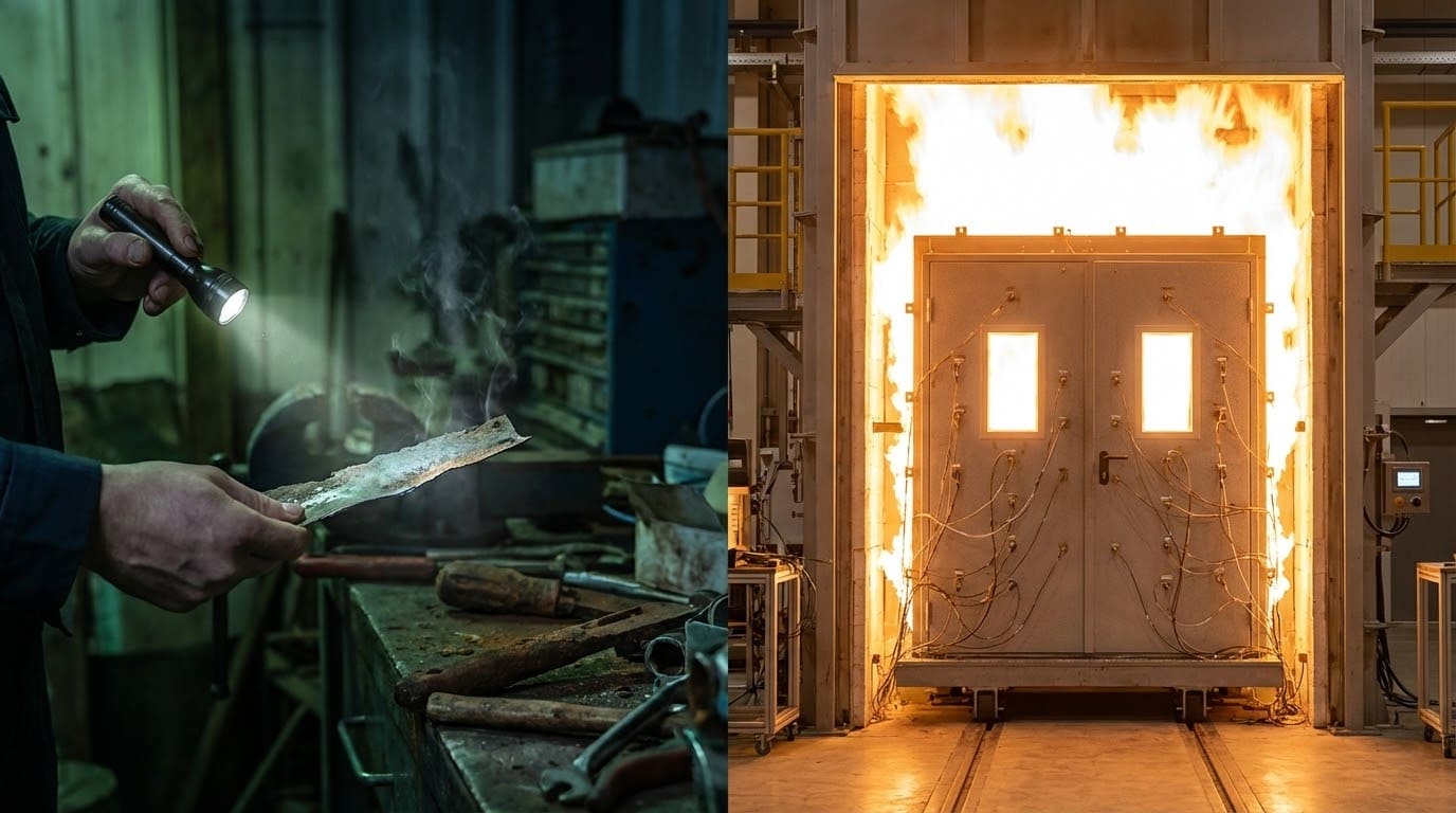 Порівняльний колаж: зліва рука з ліхтариком оглядає деформований метал, справа — випробування великих сірих протипожежних дверей у вогні в лабораторній печі з підключеними датчиками.