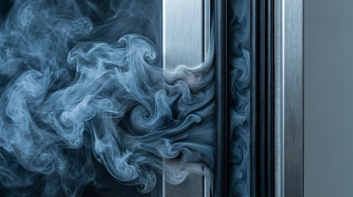 Густой сизый дым пробивается сквозь щели между дверным полотном и коробкой из-за отсутствия или неисправности противопожарных уплотнителей