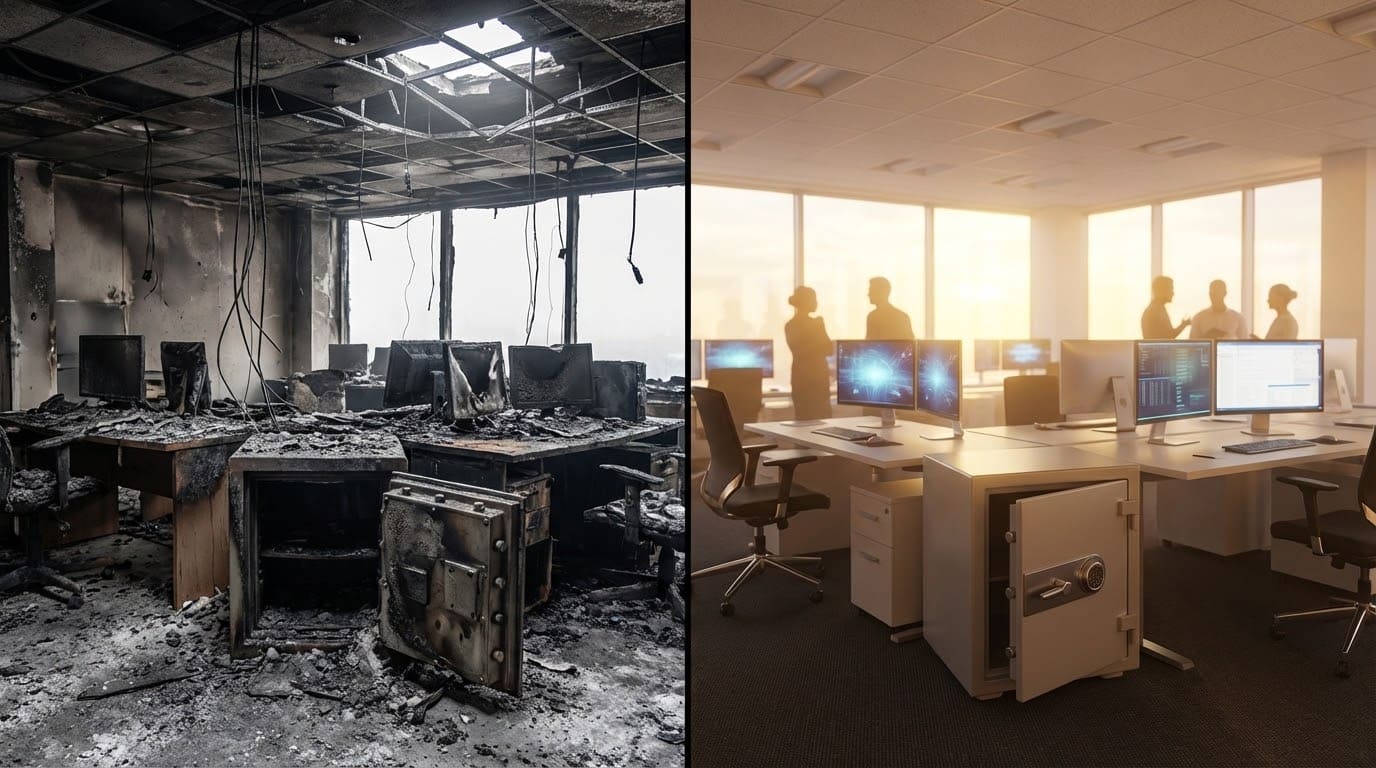 Порівняння офісу до та після пожежі: важливість протипожежних систем для захисту бізнесу"