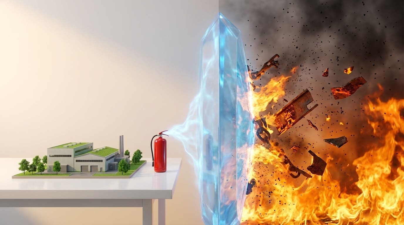 Макет промышленного завода, защищенный синим энергетическим щитом от огня и обломков, рядом с красным огнетушителем — визуализация безопасности объектов.