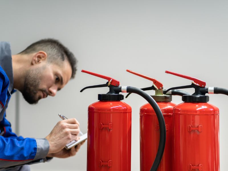 Чоловік із коротким волоссям та синьому робочому костюмі із ручкою в руках проводить перевірку вогнегасників, що стоять просто поперед нього